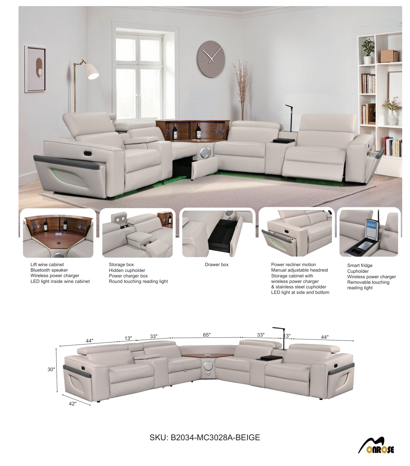MC3028A Smart Reclining Sectional Sofa with Fridge, Bluetooth Speaker & Wireless Charging