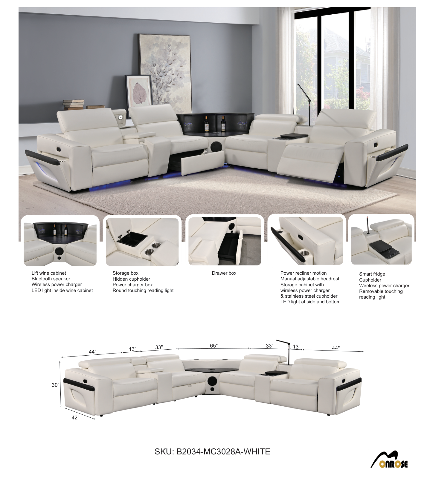MC3028A Smart Reclining Sectional Sofa with Fridge, Bluetooth Speaker & Wireless Charging