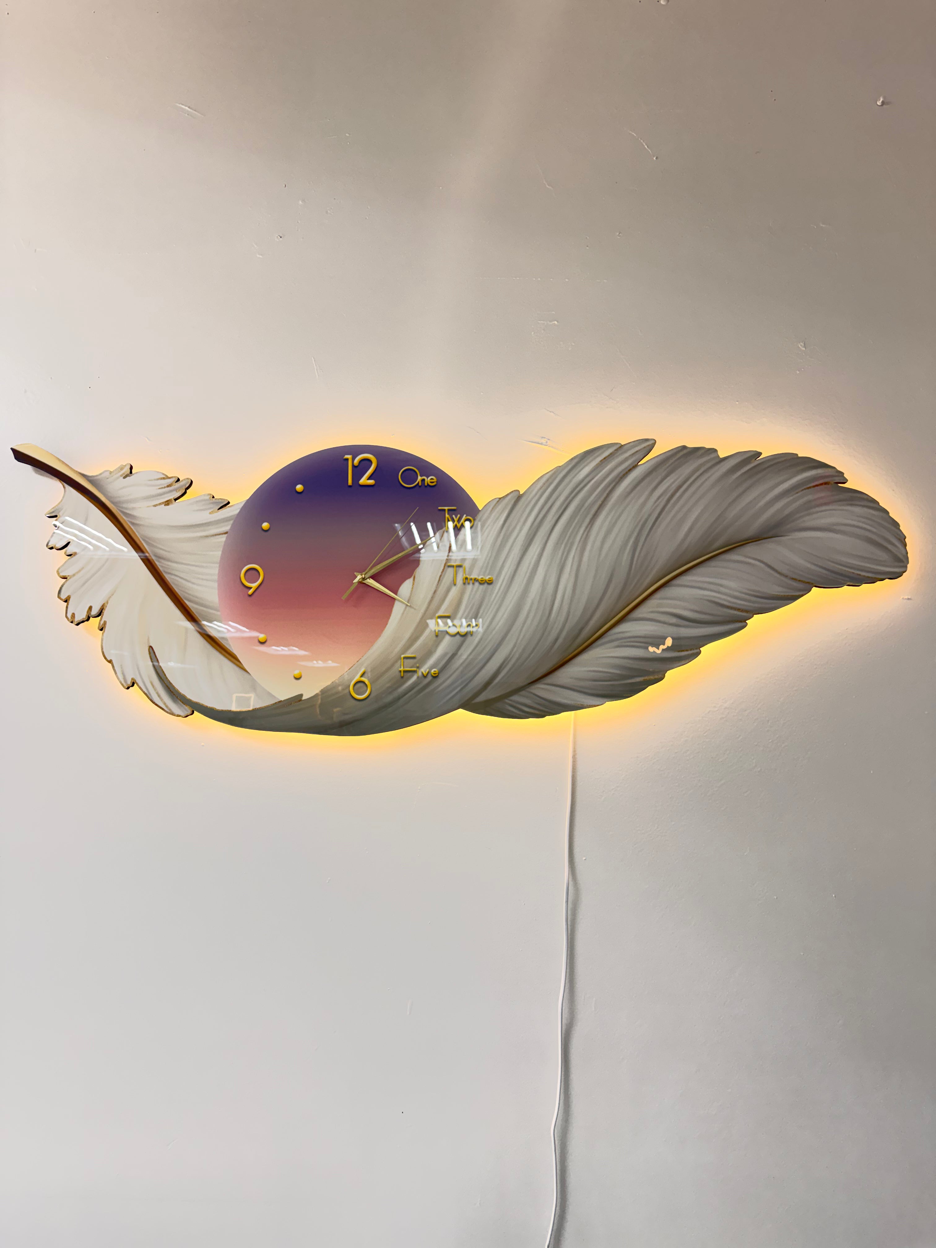 Led Wall Art Feather Decorative Painting Cutting Christal Paintin+LED+Clock