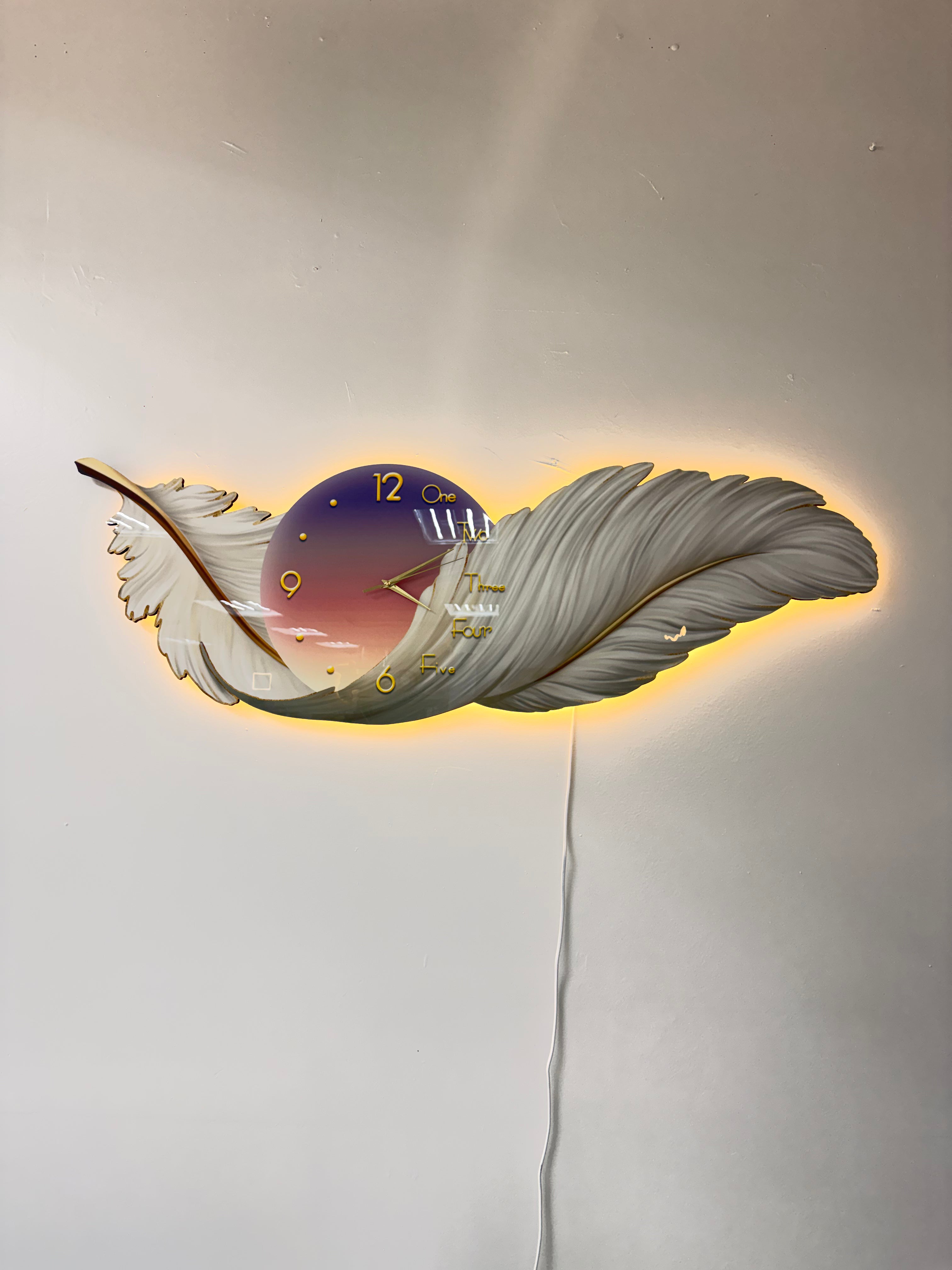 Led Wall Art Feather Decorative Painting Cutting Christal Paintin+LED+Clock