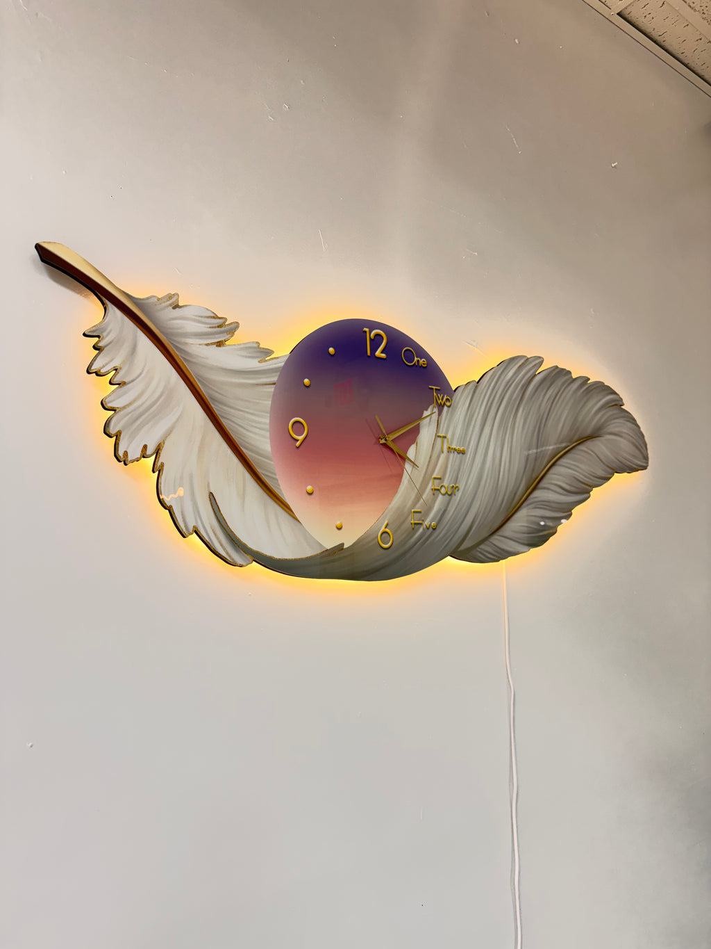 Led Wall Art Feather Decorative Painting Cutting Christal Paintin+LED+Clock