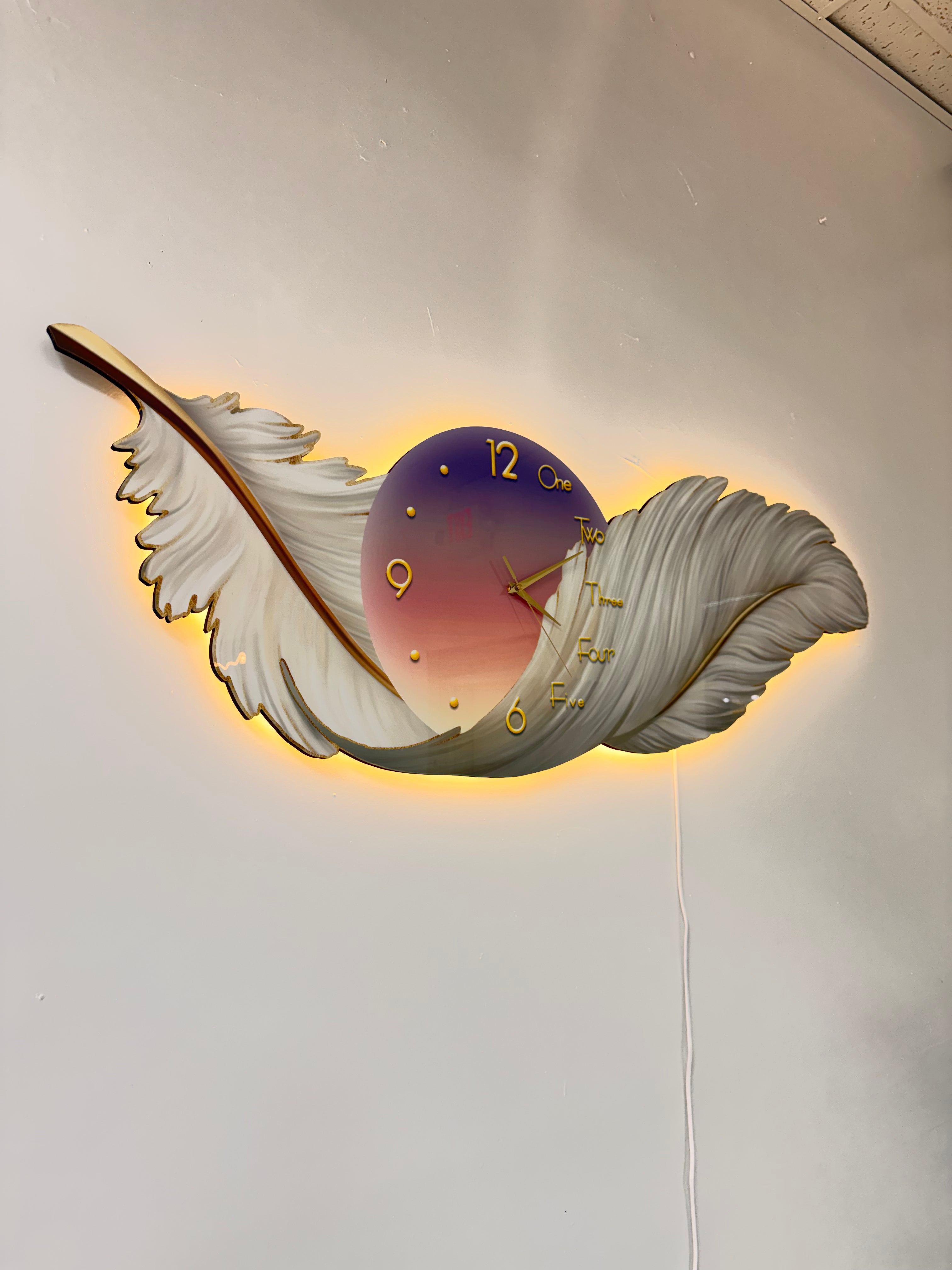 Led Wall Art Feather Decorative Painting Cutting Christal Paintin+LED+Clock