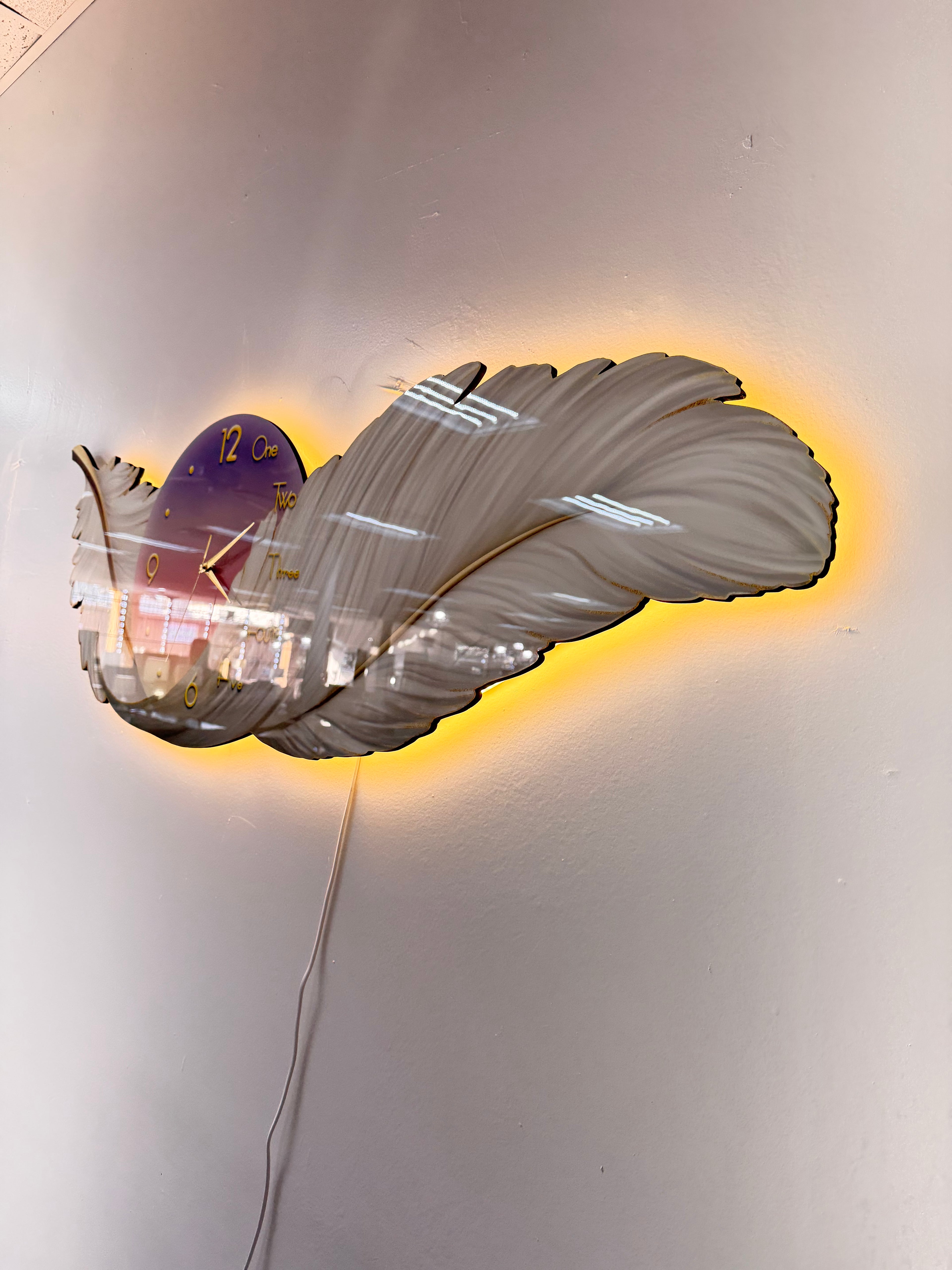 Led Wall Art Feather Decorative Painting Cutting Christal Paintin+LED+Clock