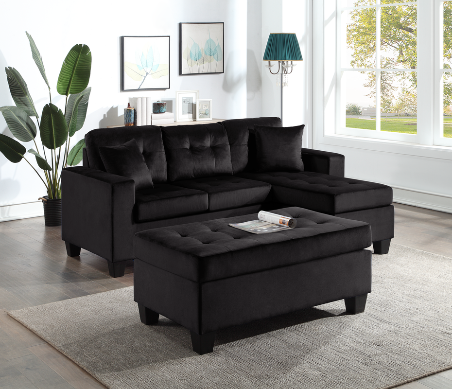 Naomi Black Velvet - Reversible Sectional &amp; Ottoman Set
