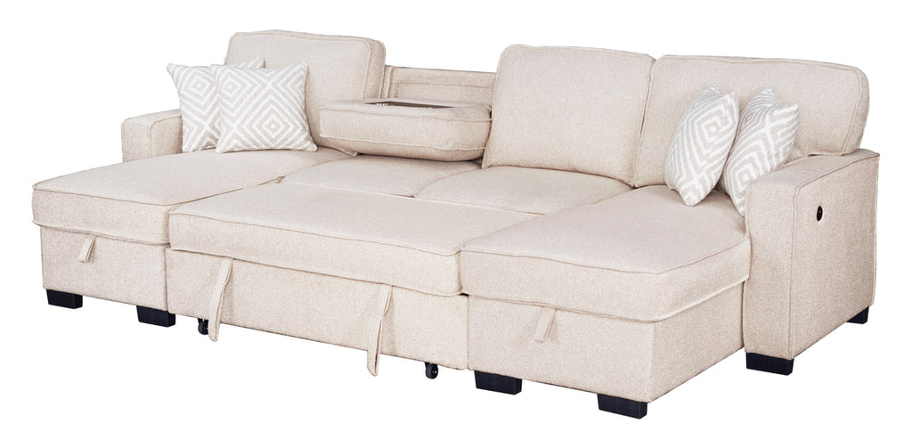 Sahara Beige - Double Storage Chaise Sectional w/ Drop Down Cupholders 