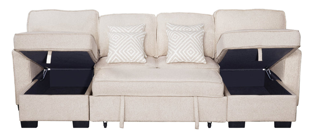Sahara Beige - Double Storage Chaise Sectional w/ Drop Down Cupholders 