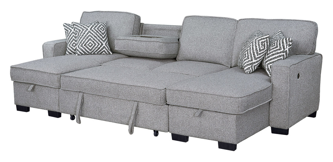 Sahara Gray - Double Storage Chaise Sectional w/ Drop Down Cupholders 