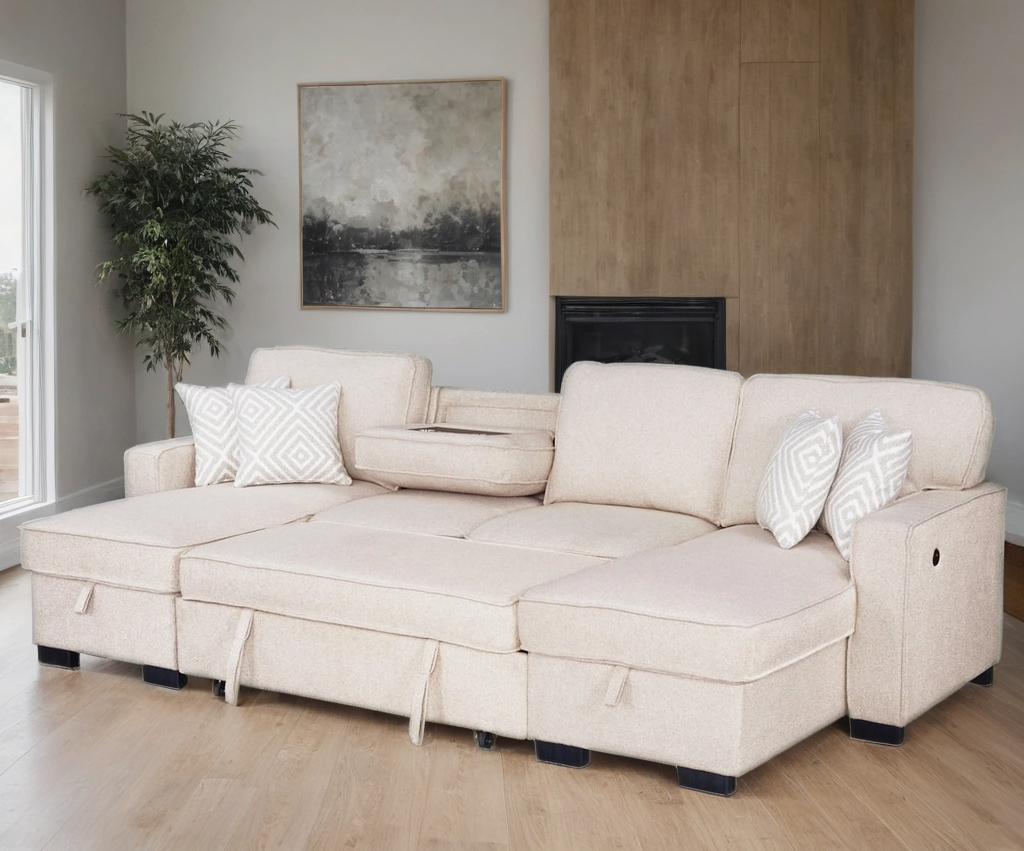 Sahara Beige - Double Storage Chaise Sectional w/ Drop Down Cupholders 