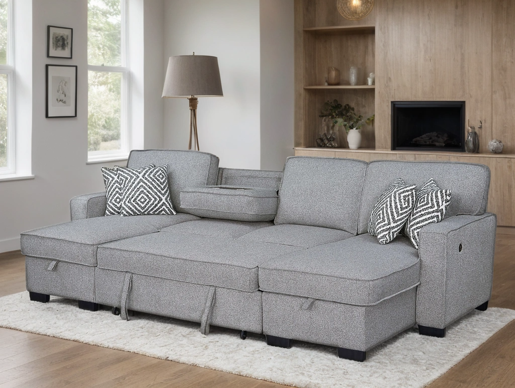 Sahara Gray - Double Storage Chaise Sectional w/ Drop Down Cupholders 