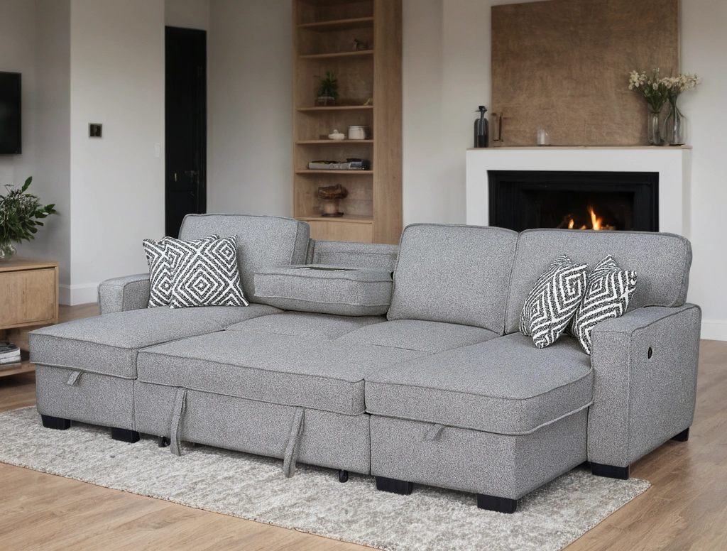 Sahara Gray - Double Storage Chaise Sectional w/ Drop Down Cupholders 